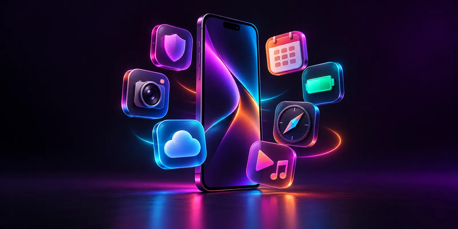 A smartphone surrounded by app icons for privacy, photos, music, calendar and navigation