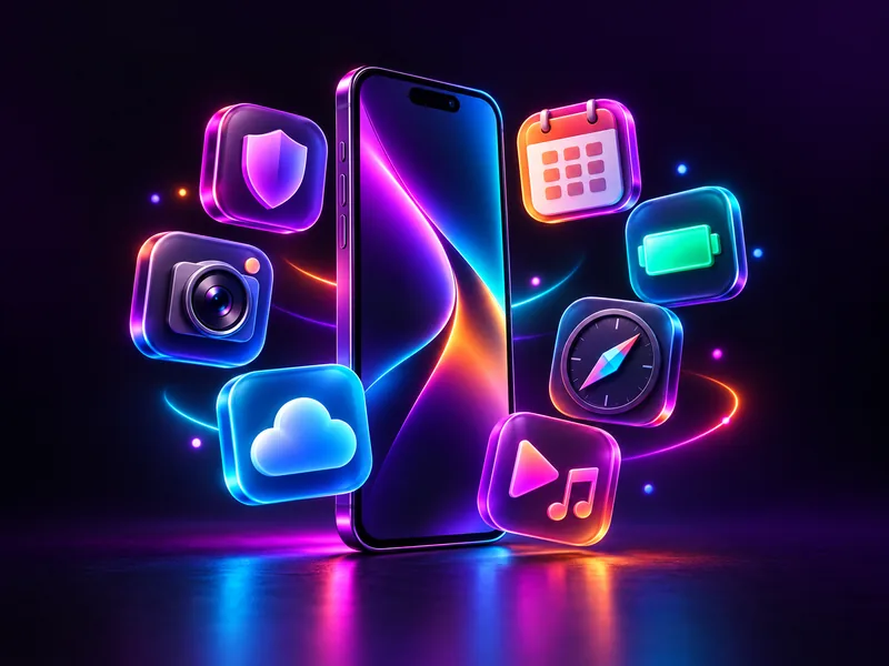 A smartphone surrounded by app icons for privacy, photos, calendar, battery, navigation, cloud and music