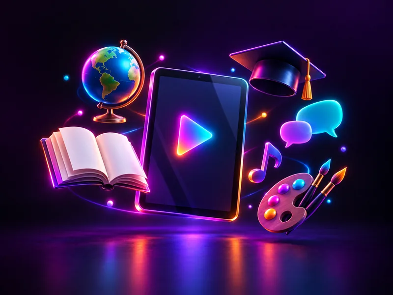 A tablet playing a lesson, surrounded by a book, a globe, a graduation cap, a paint palette and speech bubbles