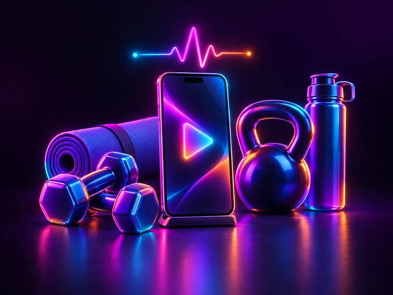 Dumbbells, a kettlebell, a yoga mat and a water bottle around a phone playing a workout video