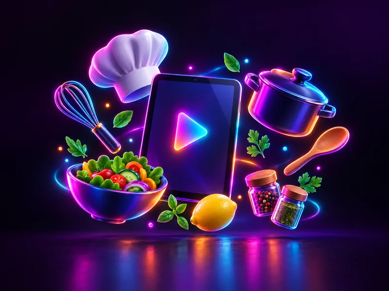 A tablet playing a cooking video, surrounded by a chef hat, a pot, a salad bowl, a lemon and spices
