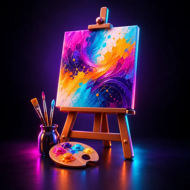 An easel with a colourful painting, brushes and a palette