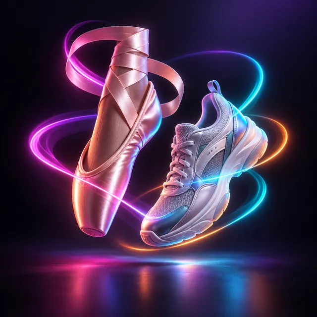 A ballet shoe and a sneaker mid-step with light trails