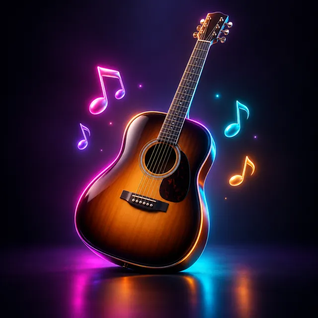 An acoustic guitar with glowing music notes