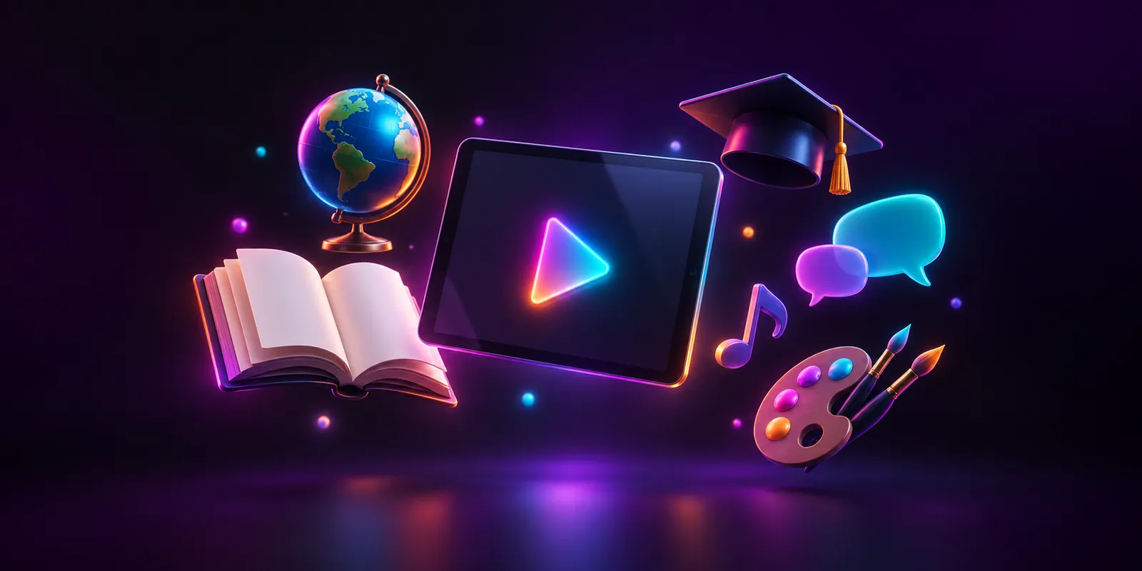 A tablet playing a lesson, surrounded by a book, a globe, a paint palette and a music note