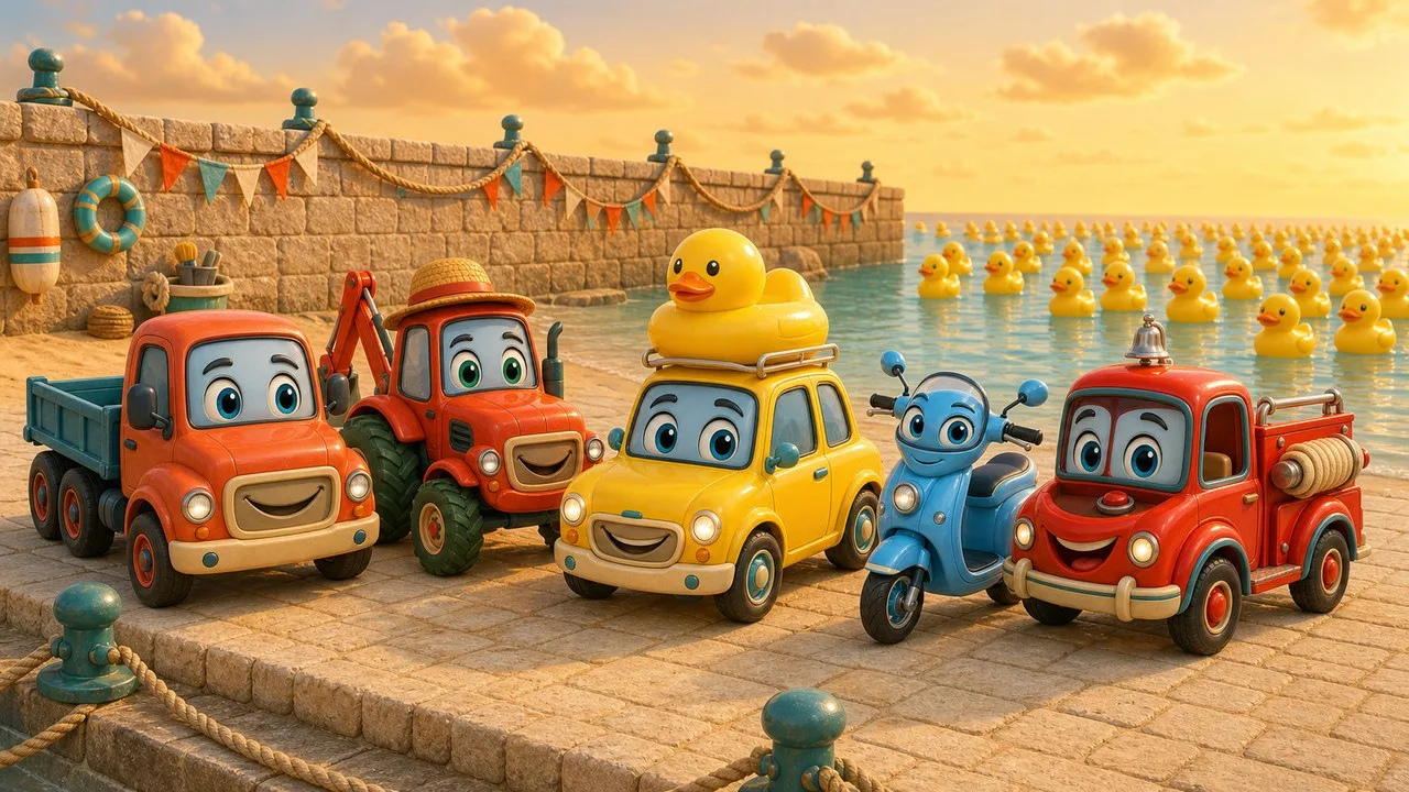 City on Wheels: the whole vehicle crew at the harbour with a ship full of rubber ducks