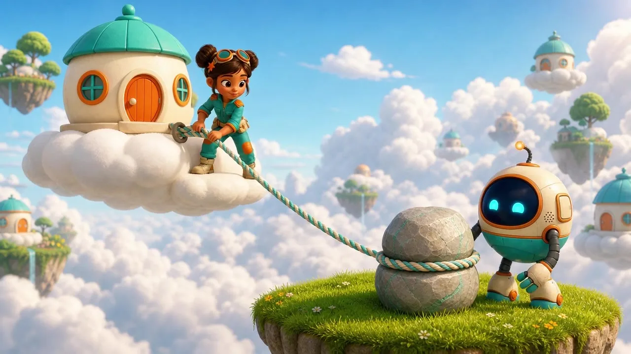Mira and Bip on a floating island among cloud houses