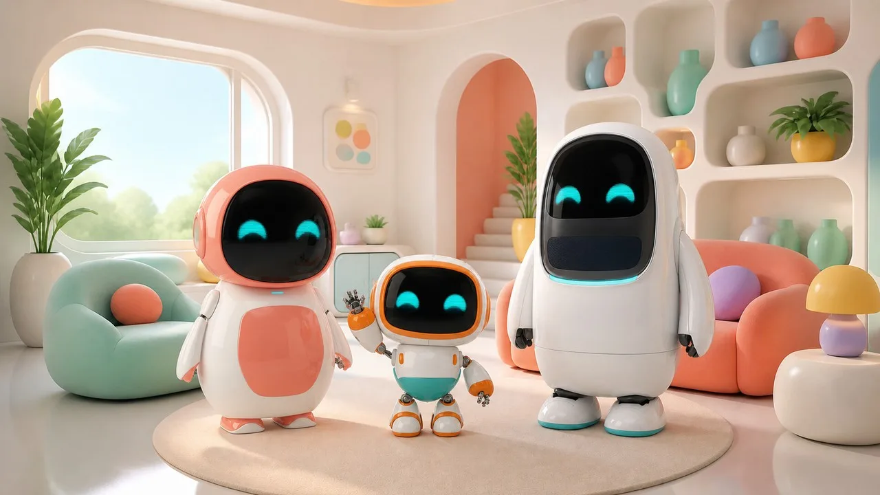 The Robot Family gathered together in their living room