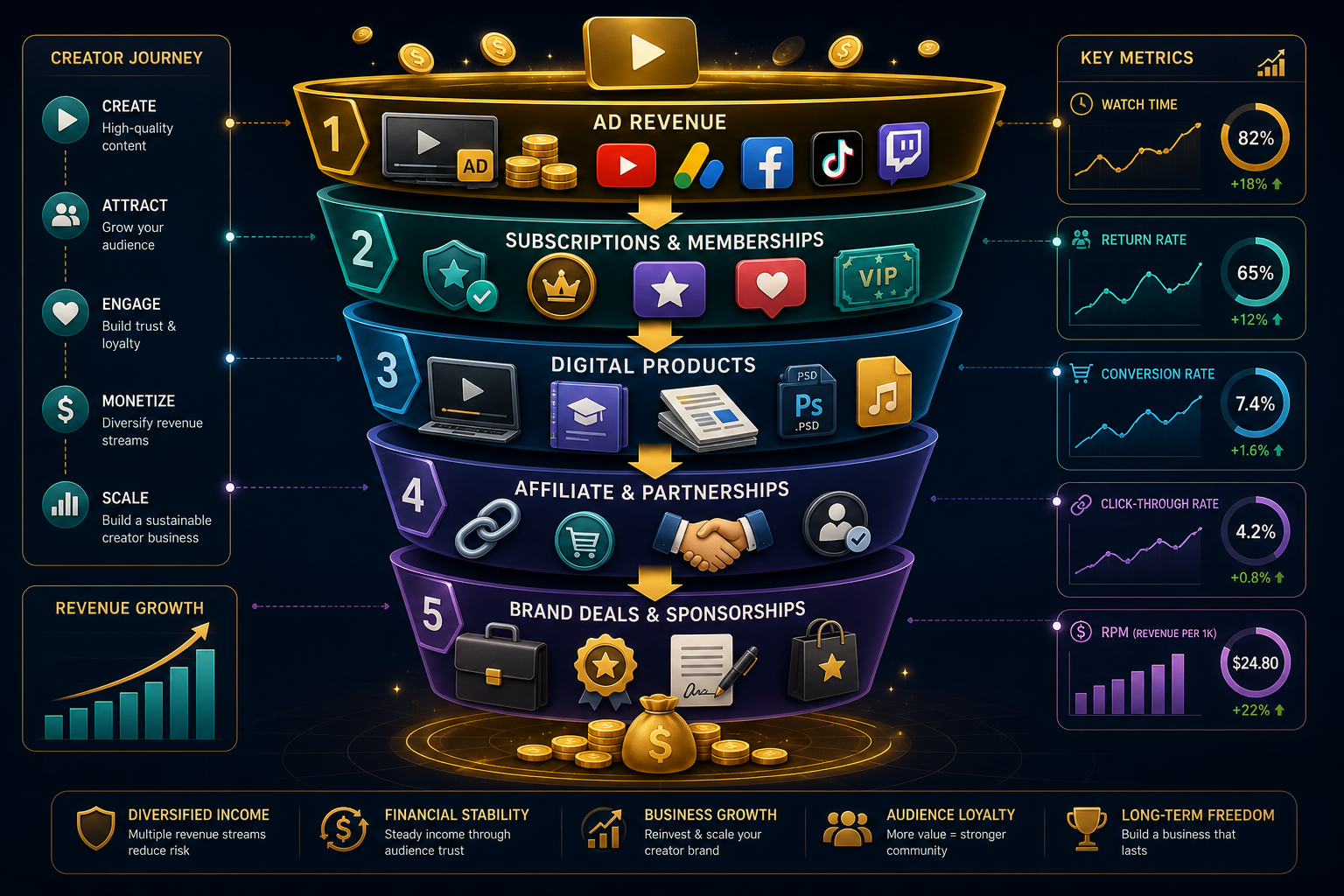 Infographic of a creator monetization funnel with five levels: from ad shares to brand deals