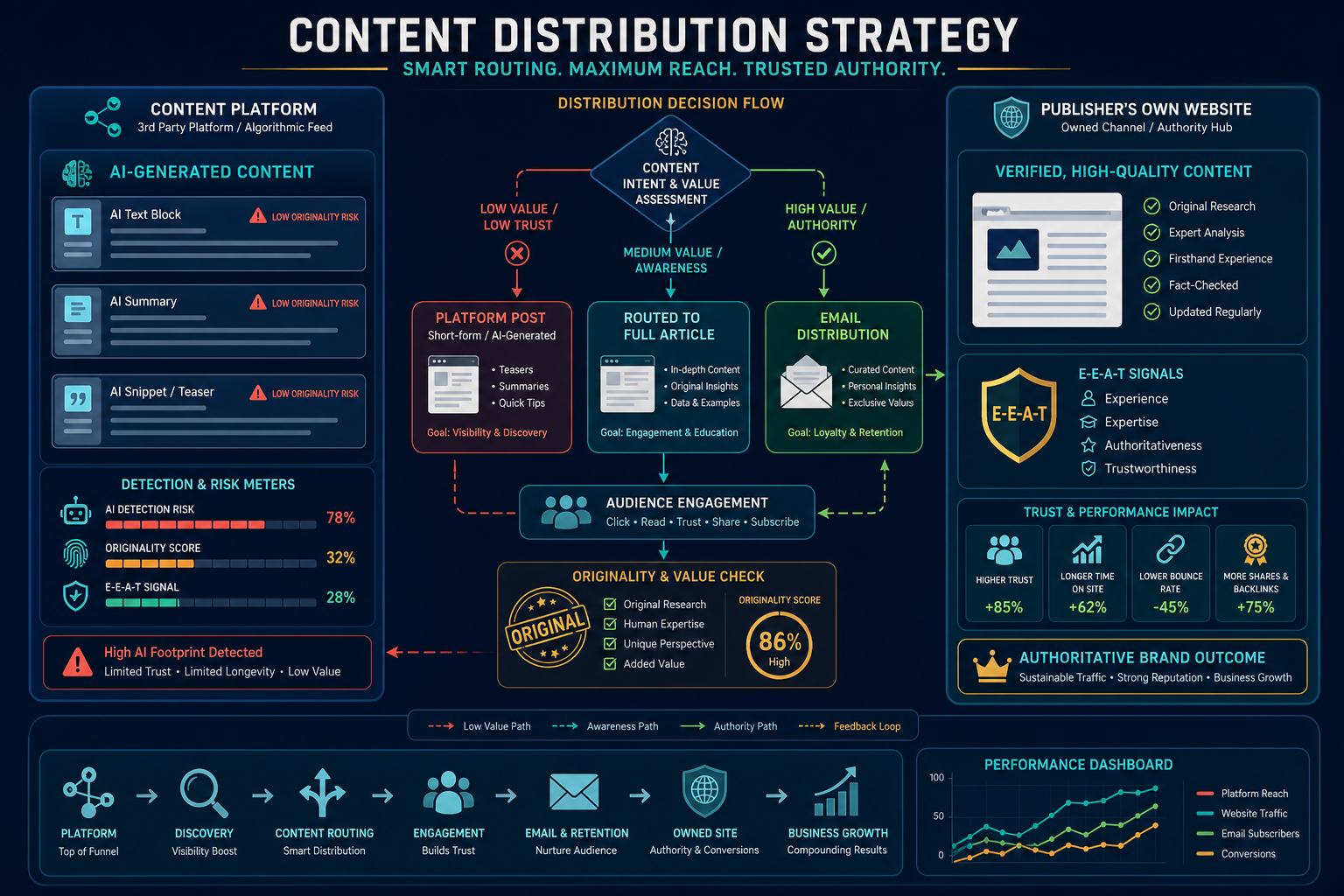 Diagram of content distribution strategy between a platform and a proprietary website