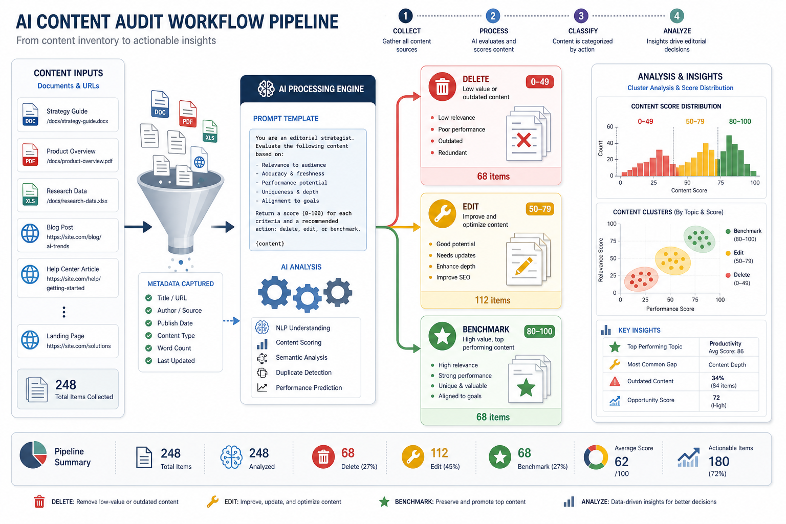 AI content audit workflow diagram: from collecting URLs through prompt processing to three buckets—deletion, update, benchmarks