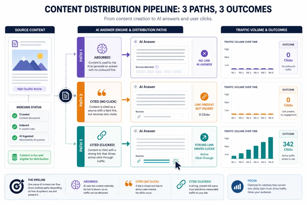 Диаграмма трёх сценариев видимости контента в AI Mode: поглощение без цитирования, цитирование без клика и цитирование с переходом
