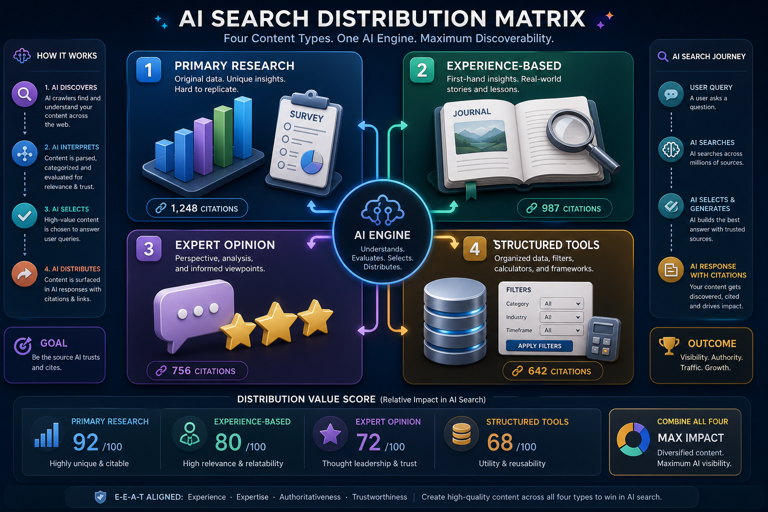Infographic: A matrix of four types of primary content for AI search distribution — primary research, experience-based insights, expert assessments, and structured tools.
