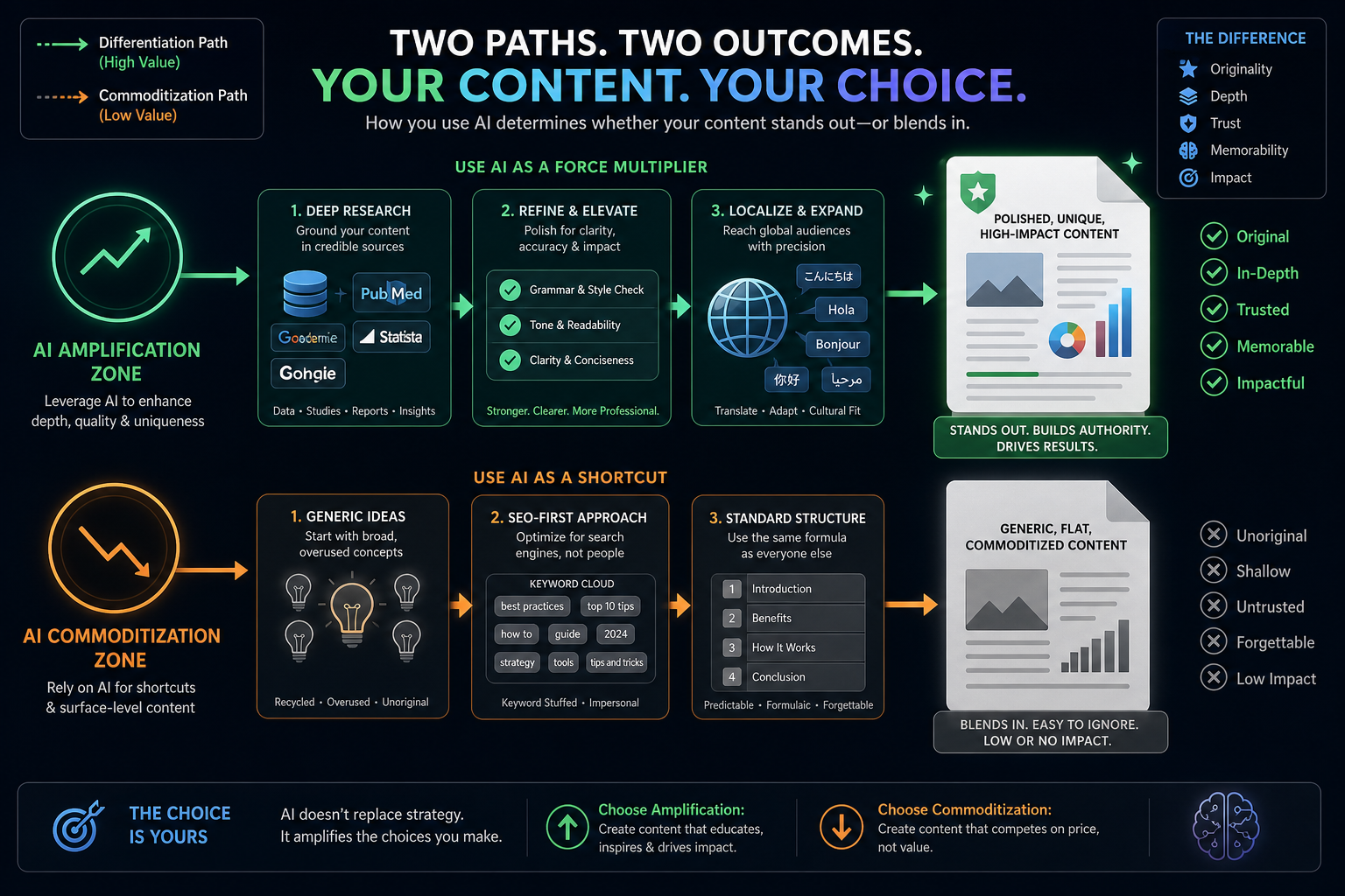 Infographic: Two zones of AI application in content — amplification and commoditization