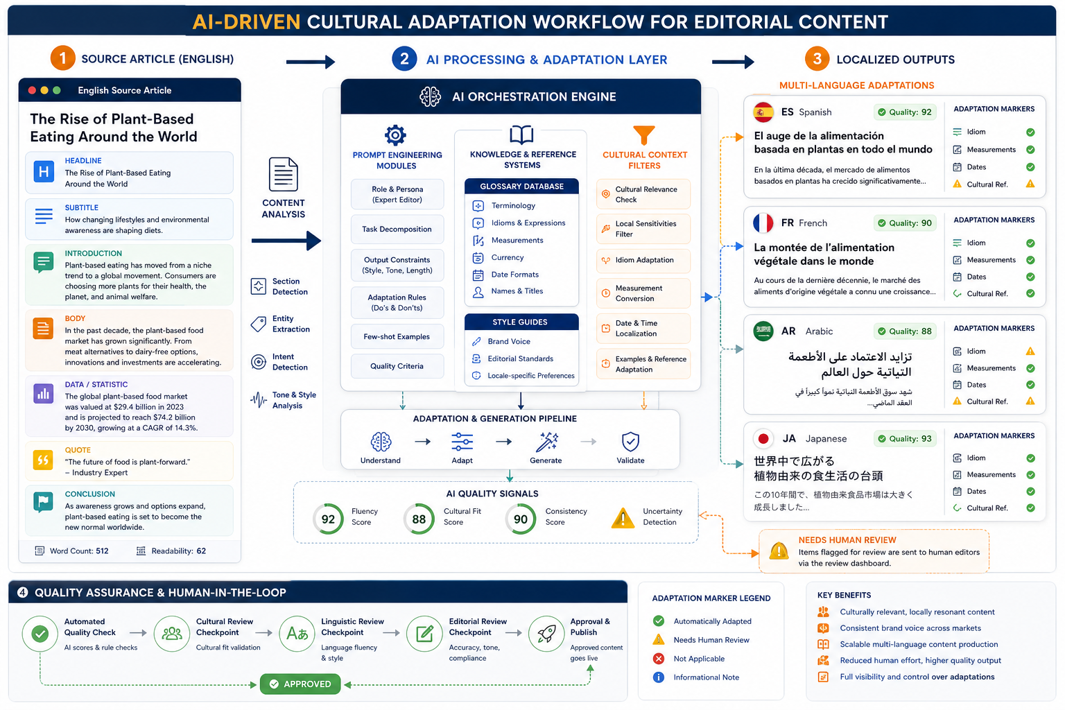 Diagram of the AI localization pipeline: from source article through prompt engineering and glossary to localized versions with cultural adaptation tags