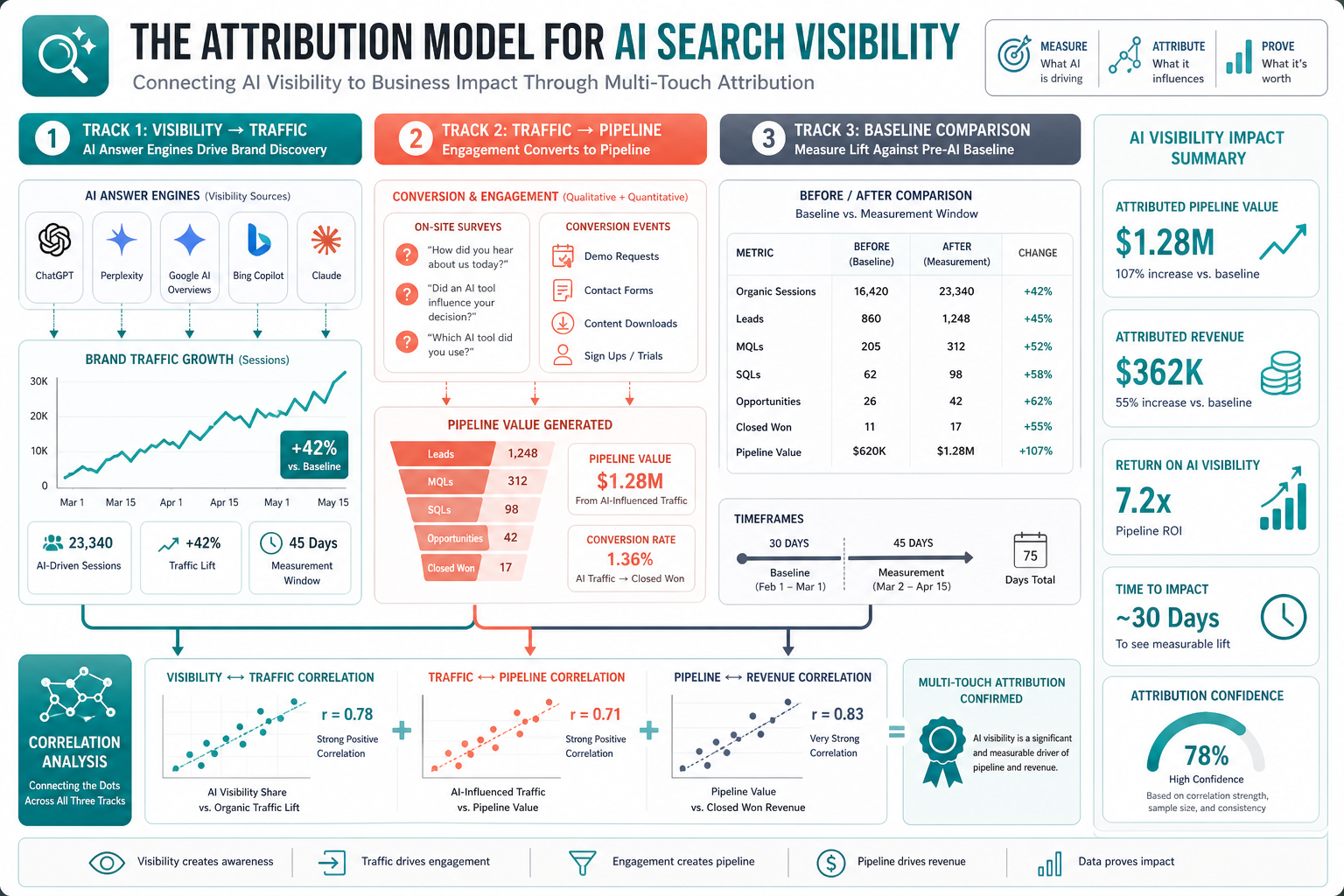 Infographic: AI visibility attribution model — three parallel tracks for tracking brand impact, pipeline, and comparative analysis
