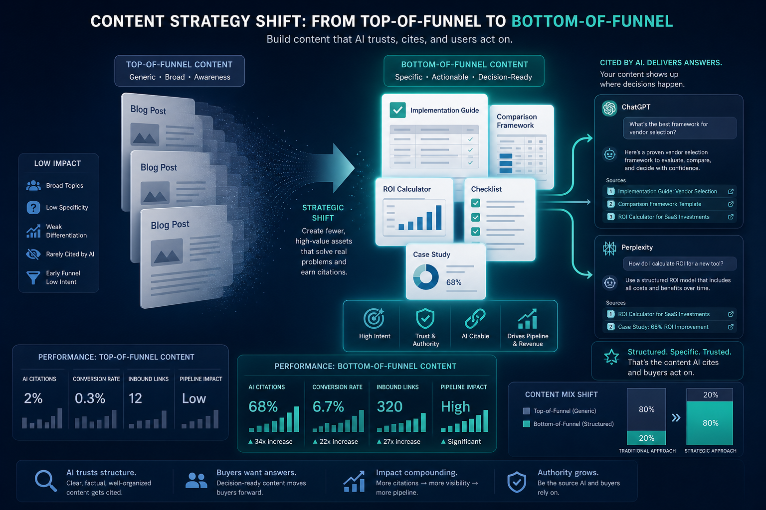 Diagram of content strategy shift: from broad TOF materials to structured BOF content cited by AI answer engines