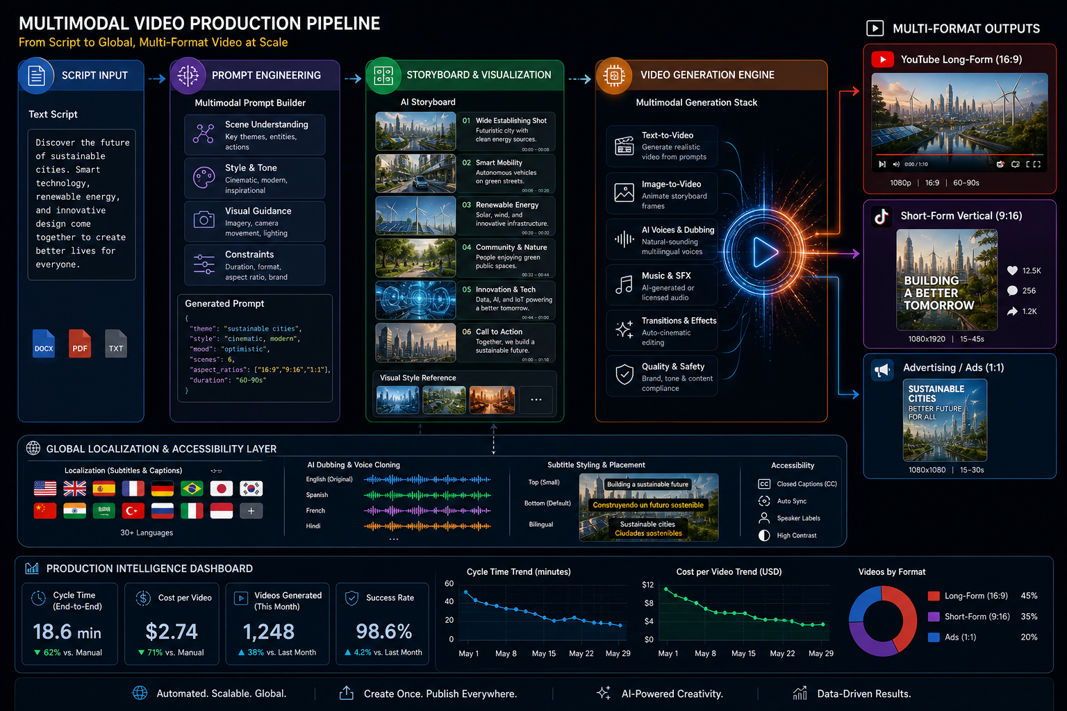 Multimodal video production pipeline diagram: from script to localization and metrics