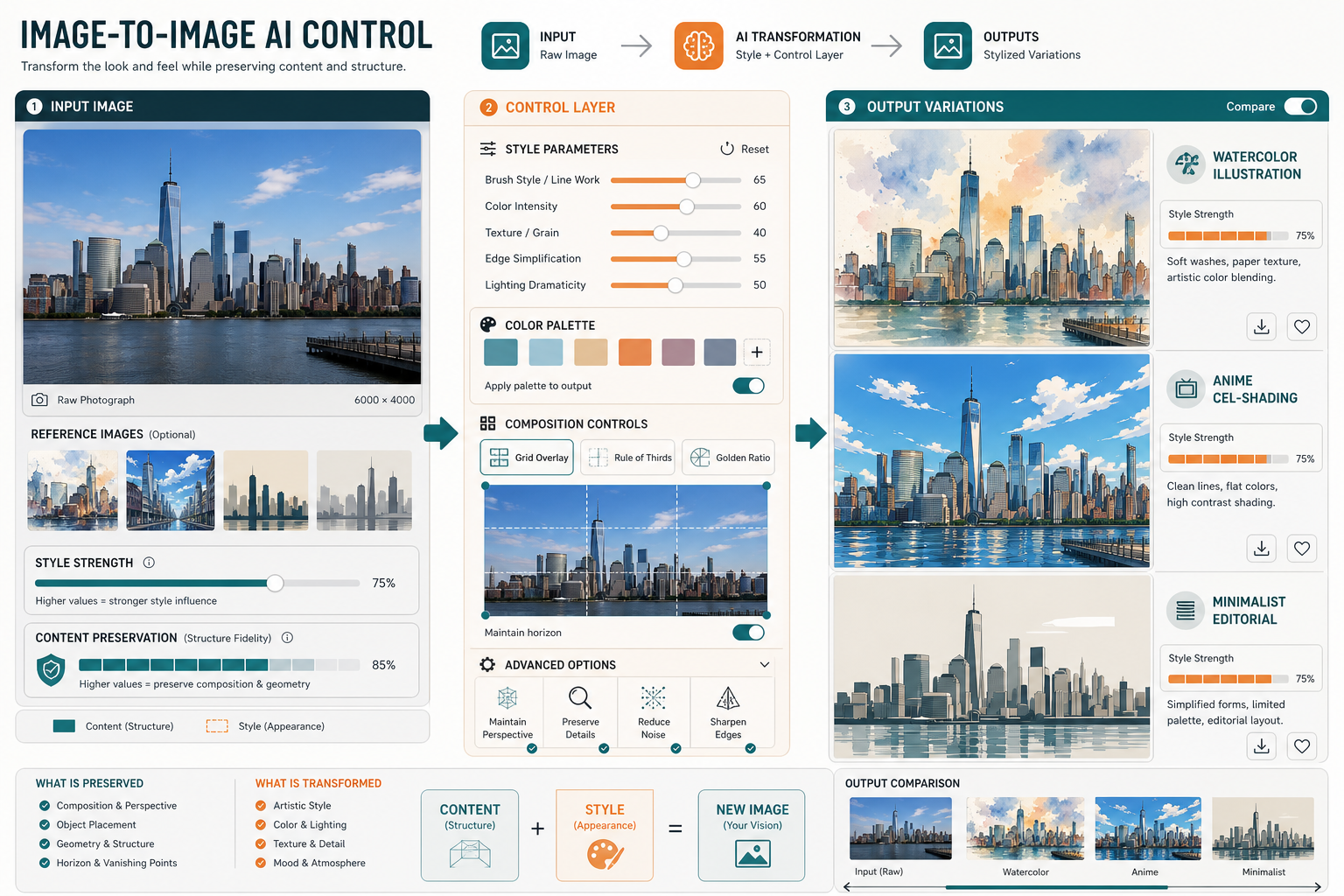 Conceptual diagram of image-to-image AI: a city photo is transformed through a parameter layer into three stylized versions.