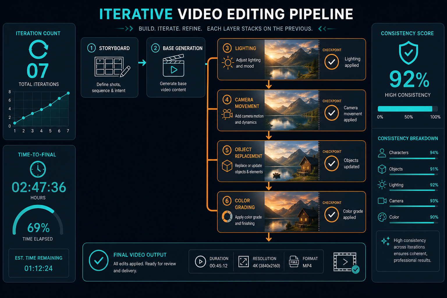Diagram of an iterative editing pipeline: from storyboard through sequential edit layers with checkpoints