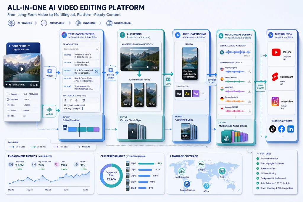 Схема воркфлоу all-in-one AI-платформы: от исходного видео через текстовый монтаж, клиппинг, субтитры и дубляж к публикации на多个 платформах