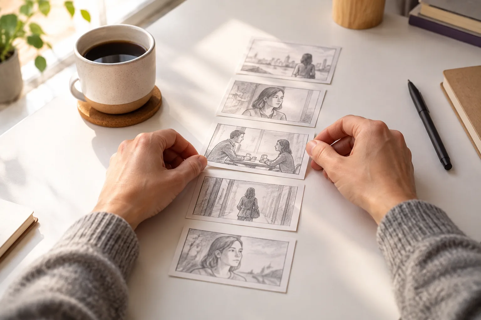 Close-up: a creative producer's hands arranging storyboard cards in a vertical sequence on a desk.
