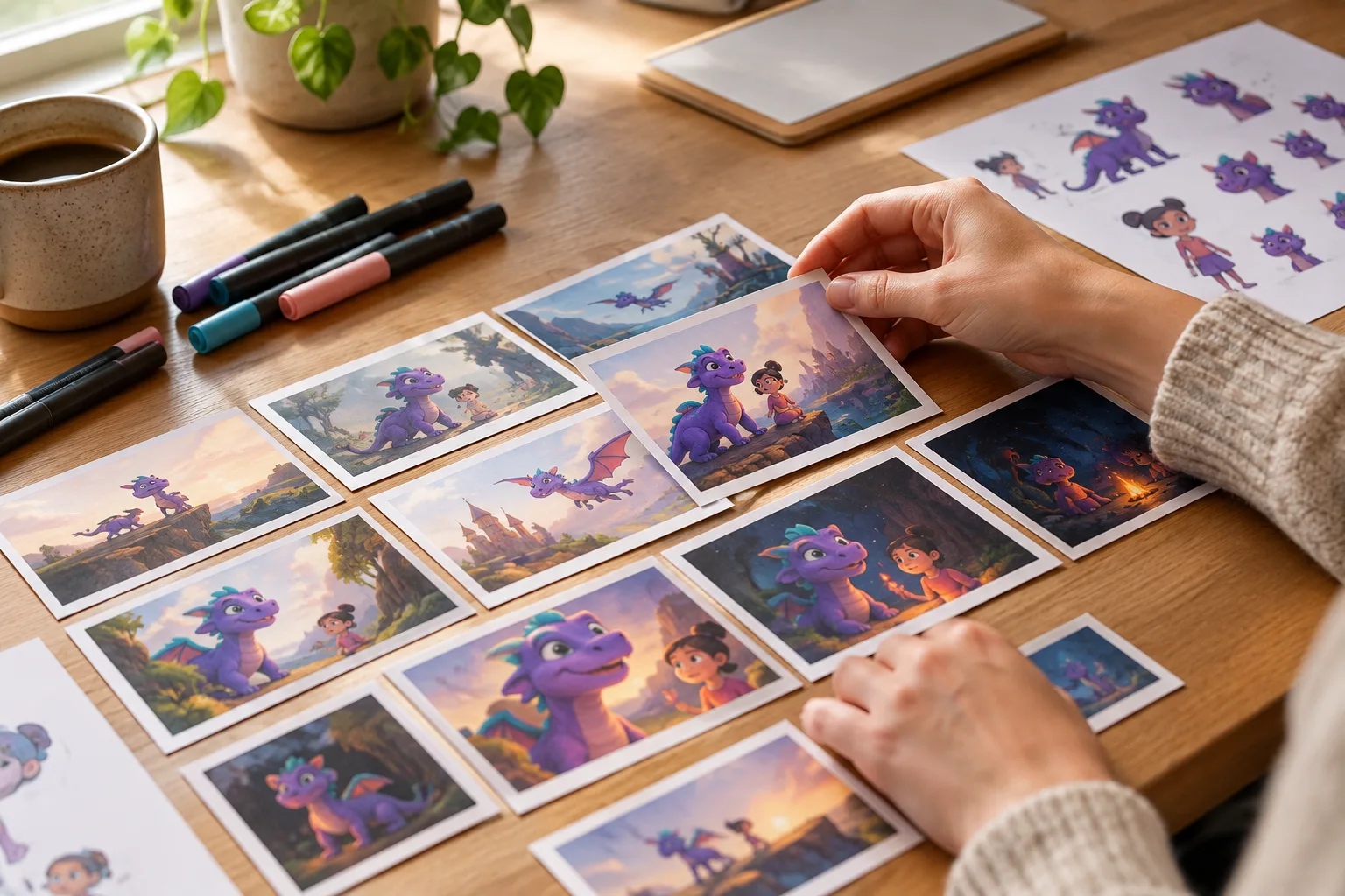 Creator's hands arranging storyboard cards on a table in modular order