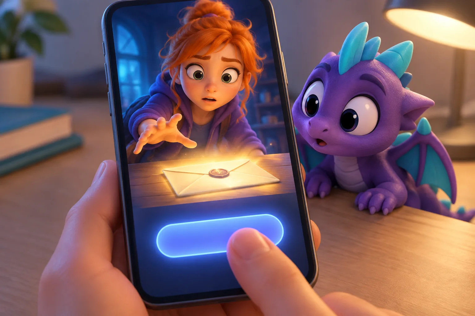 Vertical phone screen showing a frozen cliffhanger frame with the viewer's finger hovering over the next episode button