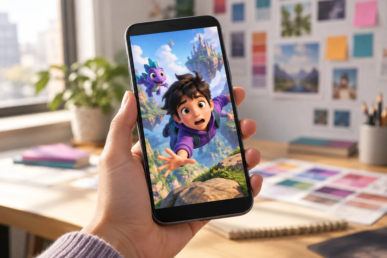 Smartphone showing the first frame of a vertical animated video creative