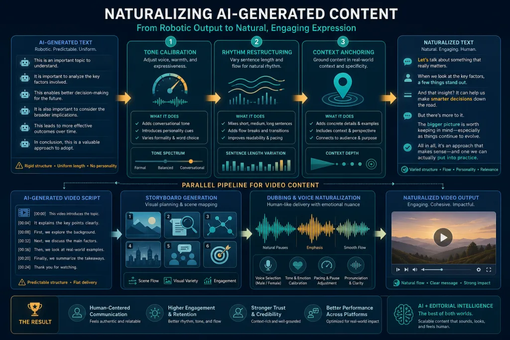 AI text naturalization pipeline diagram: from robotic sentences to natural speech through tone calibration, rhythm restructuring, and context anchoring