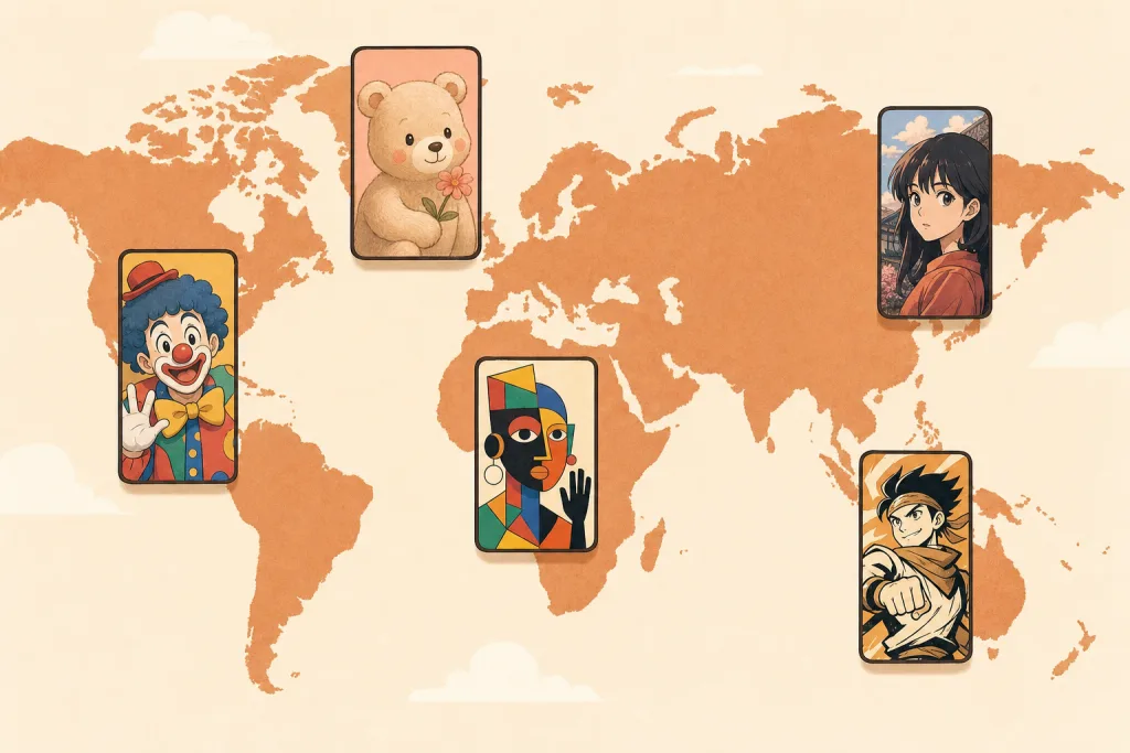 Illustration with a world map and five vertical animation frames in different styles for different regions.
