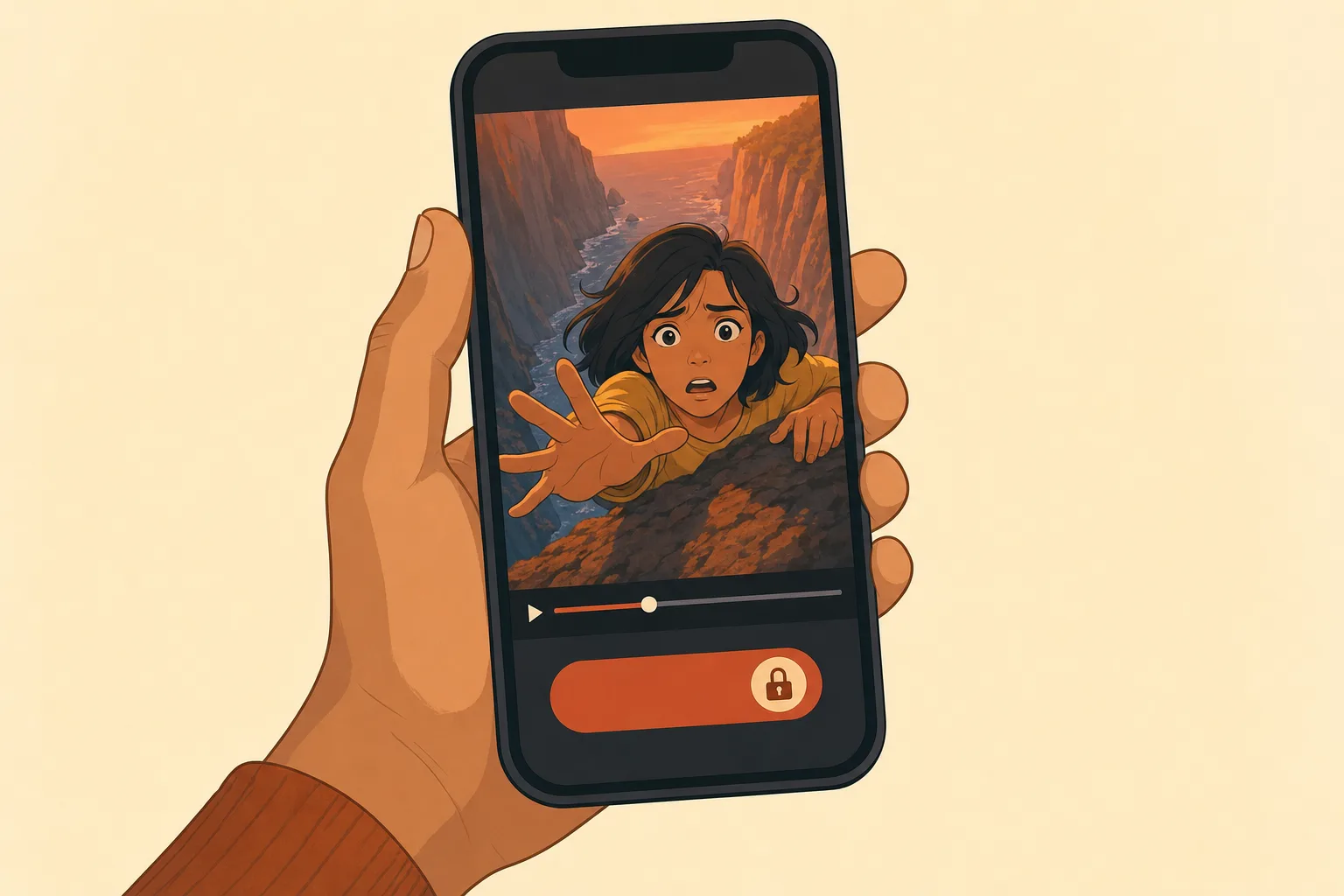 Hand holding a smartphone with a vertical animated episode on the screen